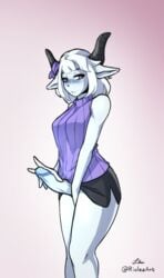 1futa big_penis blue_skin blush breasts clothed clothing demon demon_girl erection futa_only futanari horns humanoid humanoid_penis mostly_clothed penis penis_under_skirt purple_skin riolea shy skirt solo standing touching_penis turtleneck white_hair