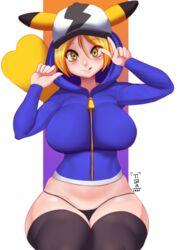 1girls alternate_breast_size big_breasts blonde_hair breasts eye_contact fake_ears female hat hip-hop_style_pikachu hip_hop large_breasts looking_at_viewer nintendo peace_sign pikachu pikachu_(cosplay) pokémon_(species) pokemon pokemon_(cosplay) pokemon_unite short_hair sitting smile solo streetwear tail thick_thighs thighhighs thighs tiger1001 v wide_hips yellow_eyes