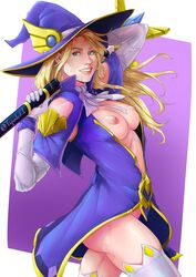 areolae ass blonde_hair blue_eyes breasts exposed_breasts female league_of_legends luxanna_crownguard medieval_series nipples pose posing smile solo solo_female solo_focus sorceress sorceress_lux tipodeincognito witch witch_hat