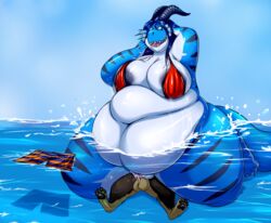 1boy 1boy1girl 1girls 2018 anthro aquatic_dragon balls belly big_balls big_belly big_breasts blue_body blue_hair blue_skin breasts brown_fur canid canine day death_by_snoo_snoo deep_navel digital_media_(artwork) dragon duo fat feet female female_penetrated fur hand_on_head hi_res horn huge_breasts larger_female male male/female male_penetrating male_penetrating_female mira_(shenzel) navel overweight overweight_female penetration sea sex shenzel size_difference smile thick_thighs underwear water wet