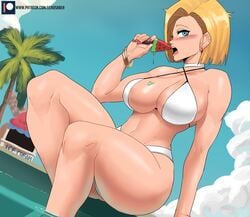 1girls 2021 android android_18 android_girl armpit_crease artist_signature bangle barely_clothed barely_contained bikini blonde_hair blue_eyes blue_sky blush breasts dragon_ball dragon_ball_z ear_piercing earrings eating echosaber feet_out_of_frame female female_focus female_only food hips holding_object ice_cream ice_cream_on_breasts inner_sideboob jewelry large_breasts looking_to_the_side milf mother nail_polish outdoors pool poolside red_nails short_hair sideboob simple_background slim_waist solo swimsuit tree white_bikini wide_hips