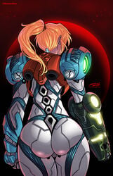 1girls arm_cannon armor armored_samus ass back_view blonde_hair darkereve female female_only hi_res long_hair metroid metroid_dread nintendo ponytail power_armor power_suit samus_aran solo solo_female thick thick_ass thick_thighs thigh_gap