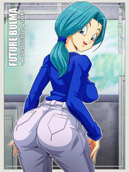 1girls apple_butt ass ass_focus big_ass blue_eyes blue_hair breasts bulma_briefs clothed denim dragon_ball dragon_ball_z female female_only fully_clothed future_bulma jeans long_hair looking_back sano-br shounen_jump sideboob smile solo tied_hair viewed_from_behind