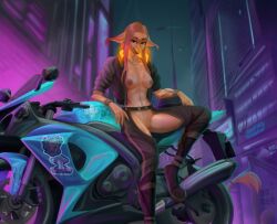 animal_humanoid anthro ariwalter avian avian_humanoid breasts city cyberpunk female genitals hi_res humanoid latex motorcycle neon night pussy solo solo_focus vehicle