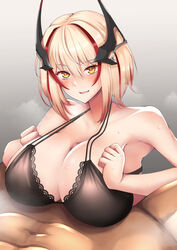 1boy azur_lane bangs black_bra blonde_hair blush bra breast_squeeze breasts censored cleavage clothed_female_nude_male dain_(bishop_m) eyebrows_visible_through_hair female hair_between_eyes headgear lace-trimmed_bra lace_trim multicolored_hair navel nude paizuri paizuri_under_clothes penis roon_(azur_lane) short_hair simple_background squeezing straight streaked_hair sweat underwear yellow_eyes