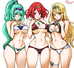 3girls alternate_costume artist_name bikini blonde_hair breasts cleavage core_crystal dated earrings green_eyes green_hair jewelry large_breasts long_hair looking_at_viewer medium_breasts minacream multiple_girls mythra nintendo pneuma ponytail pyra red_bikini red_eyes red_hair red_swimsuit short_hair smile swimsuit underboob white_background xenoblade_(series) xenoblade_chronicles_2 yellow_eyes