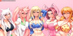 5girls animal_ears armpits artist_signature bakemonogatari bare_midriff bikini_top black_hanekawa blonde_hair blue_eyes bra brown_eyes bunny_girl cleavage code_geass crop_top cropped_legs crossover detached_collar fairy_tail female female_only glasses hand_behind_head hanekawa_tsubasa highschool_of_the_dead jacket kallen_stadtfeld large_breasts leotard long_hair looking_at_viewer low_twintails lucy_heartfilia monogatari_(series) mosaic_background multiple_girls nami nipple_bulge one_piece open_jacket orange_hair patreon_username pigtails pink_hair red_hair saya_takagi short_twintails strapless_leotard string_bikini wink winking_at_viewer xhaart yellow_eyes