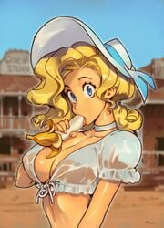 banana big_breasts blonde blonde_hair blue_eyes breasts female female_only holding_banana juliona_trans large_breasts optionaltypo sexually_suggestive solo suggestive_food wild_wet_west