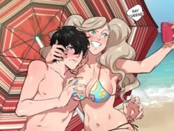 1boy 1girls ann_takamaki atlus beach big_breasts bikini black_hair blonde_hair blue_eyes blush breast_grab breasts cleavage english_text female groping huge_breasts joker_(persona) kukumomo large_breasts male male_blushing medium_breasts megami_tensei persona persona_5 phone ren_amamiya selfie smartphone smile speech_bubble taking_picture twintails umbrella