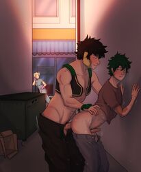 2boys against_wall alley alleyway anal anal_penetration anal_sex black_hair cheating cheating_boyfriend clothing cuckquean gay hero_outfit_(mha) hip_grab izuku_midoriya looking_at_partner looking_back_at_partner male male/male male_on_male male_penetrated male_penetrating male_penetrating_male midoriya_izuku my_hero_academia nakagame_tatami netorare outside pants_pull penis penis_in_ass shindou_you standing standing_sex tsukiafterdark waist_grab yaoi yo_shindo