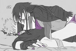 amputee barefoot bent_over black_hair boruto:_naruto_next_generations bottomless cape female_on_top fingerless_gloves fingernails genderswap_(mtf) gloves hatake_kakashi kneeling lipstick long_hair looking_at_another looking_at_partner lying lying_on_back lying_on_bed lying_on_person makeup male/female mask missing_arm nail_polish naruto naruto_(series) on_back on_bed on_top panties panty_pull purple_nails rinnegan rule_63 sasuke_uchiha sasuko short_hair silver_hair teacher_and_student underwear undressing