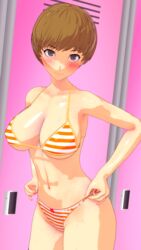 1girls 3d alternate_breast_size alternate_costume atlus big_breasts bikini breasts brown_hair female grey_eyes light_skin lipstick looking_at_viewer maki_(artist) persona persona_4 satonaka_chie short_hair soaked solo swimsuit water wet