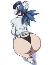 1girls 2017 ass ass_focus backboob bangs big_ass black_panties blue_hair breasts curvy dat_ass female female_focus female_only from_behind looking_at_viewer looking_back mask ml nurse_cap pale-skinned_female pale_skin ponytail red_eyes sideboob skullgirls valentine_(skullgirls) video_games voluptuous white_background