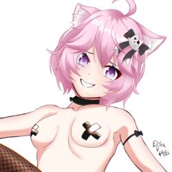 cat_ears eijiru leggings looking_at_viewer nipple_tape nude nyatasha_nyanners pink_hair purple_eyes short_hair smile smiling tape virtual_youtuber vshojo