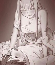 bed blush canon_couple clothed clothed_sex cowgirl_position darling_in_the_franxx femdom hiro_(darling_in_the_franxx) implied_penetration implied_sex lying_on_bed seductive_smile straight zero_two_(darling_in_the_franxx)