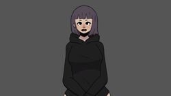 :3 animated black_hoodie breasts dewi_aleman female female_only hoodie looking_at_viewer nipples original_character purple_hair short_hair showing_off simple_background sound titty_drop video