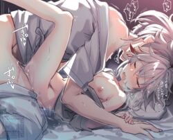 2boys anal azuma_(azuma10270724) bangs blush cum genshin_impact grey_hair implied_sex kaedehara_kazuha long_hair lying multicolored_hair multiple_boys nipples on_back open_mouth red_hair saliva sex speech_bubble streaked_hair sweat tears tomo_(genshin_impact) translation_request twitter_username yaoi