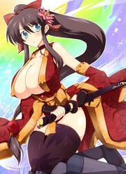 1girls bare_shoulders blue_eyes boots breasts brown_hair cleavage detached_sleeves female gloves hair_ornament huge_breasts japanese_clothes katana long_hair ponytail ribbon sengoku_taisen solo sword thighhighs weapon wedge_(tyrl_stride)