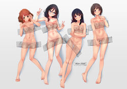 4girls arm_up armpit bare_shoulders barefoot blush breasts crossed_arms embarrassed feet female female_only glasses hibike!_euphonium innie_pussy kousaka_reina laying_down looking_at_viewer medium_breasts minigirl multiple_girls nakaseko_kaori naked naked_female nude nude_female open_mouth oumae_kumiko peace_sign presenting purple_eyes purple_hair pussy see-through small_breasts smile stuck sydus tagme tanaka_asuka tape tape_bondage teenage_girl teenager thigh_gap uncensored