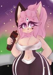 1girls areolae_peeking belly_button big_breasts cleavage eyelashes holding_bottle kittyq maria_rose_(kittyq) original_character pink_eyes pink_fur pink_hair running_outfit sonic_(series) sonic_oc stomach_exposed sweat thick_thighs wide_hips