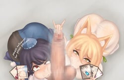 1boy 2girls :>= ass ball_sucking balls blonde_hair blowjob blowjob_face blue_hair cape censored collaborative_fellatio dirty double_fellatio dress english_text fellatio fellatio_face fox_ears glansjob half-closed_eyes handjob huge_ass iizunamaru_megumu kudamaki_tsukasa lewdorangetea looking_at_viewer lust musk oral oral_fixation oral_sex penis photo photograph photography picture picture_frame pov precum presenting pubic_hair pubic_hair_in_mouth raised_eyebrow red_eyes saliva see-through self_upload short_hair sitting slurred_speech smug stray_pubic_hair tengu testicle_fellatio text touhou vacuum-like_fellatio vacuum_blowjob vacuum_fellatio vacuum_suck yellow_eyes