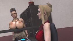 2girls 3d 3d_(artwork) big_breasts bimbo bimbo_lips bimbofication bimbofied blonde_female blonde_hair breast_implants brown_hair cleavage crossover dress excella_gionne fake_breasts female female_only final_fantasy final_fantasy_vii huge_breasts light-skinned_female light_skin milf resident_evil resident_evil_5 scarlet_(ffvii) silicone silicone_implants source_filmmaker venom_rhys