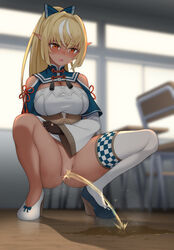 blonde_hair blue_footwear blush bottomless bottomless_female bow breasts brown_gloves censored chair classroom cleavage clothes_lift dark_skin desk detached_sleeves dress dress_lift elf female female_peeing fingerless_gloves gloves hair_ornament hairbow high_heels highres hololive hololive_fantasy hololive_japan large_breasts long_hair long_sleeves looking_at_viewer maanii mismatched_footwear no_panties open_mouth orange_eyes pee peeing peeing_on_floor pissing_on_floor pointy_ears ponytail public public_pee puddle pussy shiranui_flare shoes single_thighhigh sleeveless sleeveless_dress socks sparkle squatting steam sweat thigh_socks thighhighs tied_hair uneven_legwear urine virtual_youtuber wall white_dress white_footwear white_legwear white_socks window