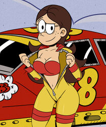 1girls big_breasts bobbie_fletcher bra breasts brown_hair car cleavage female female_only freckles large_breasts looking_at_viewer navel nickelodeon open_clothes open_jacket open_shirt red_bra smile solo sonson-sensei the_loud_house thick_thighs thighs vehicle