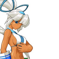 1girls arm_under_breasts big_breasts bikini blue_eyes breasts busty expressionless female gloves hair_over_one_eye hair_ribbon highres large_breasts long_hair looking_at_viewer majikina_mina navel ponytail ribbon samurai_shodown sideboob snk solo swimsuit tan very_long_hair white_hair