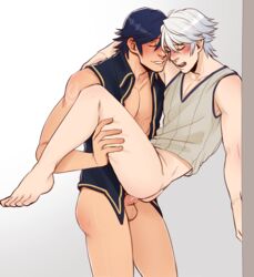 2boys ass blue_hair bottomless chrom_(fire_emblem) closed_eyes fire_emblem gay pale_skin penis robin_(fire_emblem) robin_(fire_emblem)_(male) sex short_hair simple_background triple_moonbow white_hair yaoi