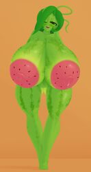 1girls anthro big_areola big_breasts big_nipples dibujosv12 female_only flora_fauna green_hair green_skin huge_breasts huge_nipples maya(v12) naked original_character watermelon