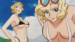 00s 2girls bikini blonde_hair breasts duo female human large_breasts light-skinned_female light_skin looking_at_viewer lori_(mazinger) loru_(mazinger) mazinger mazinkaiser multiple_girls screencap short_hair sisters sling_bikini twins voluptuous