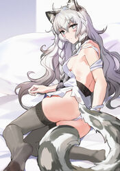 animal_ear_fluff animal_ears apron areola_slip areolae arknights ass back bed_sheet blush braided_hair breasts cat_ears cat_girl cat_tail catgirl eyebrows_visible_through_hair fluffy_tail gray_eyes gray_hair long_hair looking_at_viewer maid_apron medium_breasts on_bed panties pramanix_(arknights) sideboob stockings thighhighs white_bed_sheet white_panties