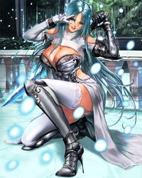 1girls absurdres armor ass blue_eyes blue_hair boots breastplate breasts cleavage detached_sleeves fantasy female full_body gauntlets gloves high_heels highres huge_breasts kneeling long_hair looking_at_viewer original outdoors shisshou_senkoku smile snowing solo sword thighhighs underwear v weapon