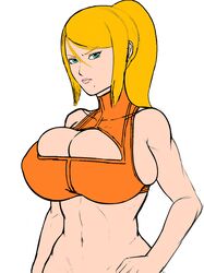 boob_window cleavage cleavage_cutout cleavage_overflow colored_sketch female female_only full_cleavage full_color grey_impact huge_breasts human lipstick metroid metroid_zero_mission nintendo samus_aran solo