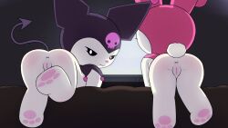 anthro anus ass black_eyes dakuromii duo female genitals hi_res kuromi looking_at_viewer my_melody onegai_my_melody pussy sanrio tail white_body x_anus