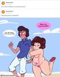 ask_blog bbw bikini cartoon_network casual clothing curious_cat dark_skin female footwear gem_hybrid gemsona human kevin_(steven_universe) male nora_quartz_universe original_character pale_skin plump public rule_63 samson_00 sling_bikini steven_universe swimwear wristwear