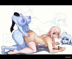 1boy 1futa ahoge all_fours anal anal_sex areolae ass astolfo_(fate) back barefoot bent_over big_breasts big_nipples big_penis big_thighs black_eyebrows black_sclera blue_skin blush braid braided_ponytail breasts butt crossover cum cum_on_floor cum_while_penetrated cumdrip cumshot detachable_head dickgirl dimples_of_venus dullahan erection fate_(series) feet femboy futa_on_femboy futa_on_male futanari hands-free headless human humanoid implied_futanari inverted_nipples katsunei kneeling lala_(monster_musume) large_breasts light-skinned_male light_skin long_hair looking_back male male_penetrated malesub midriff monster_girl monster_musume_no_iru_nichijou navel nude open_mouth pale_skin penis pink_hair sex spread_legs thighhighs toes toned toned_futa trap white_hair wide_hips