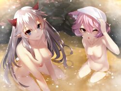 ass blue_eyes breasts cat_ears horns looking_at_viewer nipples nude nyatasha_nyanners pink_hair purple_eyes size_difference small_breasts succubus veibae virtual_youtuber vshojo white_hair