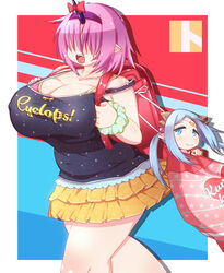 2girls :3 backsack bag big_breasts blue_eyes blush bow bra breasts carrying_another chubby chubby_female cleavage cute_fang cyclops female female_only giantess hair_over_eyes horn horn_bow huge_breasts in_container ishuzoku_kyoushoujo_sextet! kumbhakarna looking_at_viewer nipple_bulge open_mouth oversized_sextet pink_hair pointy_ears schoolgirl short_hair size_difference skirt smile smiling sommeil_l'onguena tank_top thick_thighs toki_(tokinokogiri) unna_cherott walking white_hair