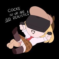 blonde_hair chibi clothing electronics english_text fappuccino female hat hololive hololive_english hololive_myth human pale_skin penis shirt shoes short_hair skirt smol_ame stockings tie vaginal virtual_youtuber vr_headset watson_amelia