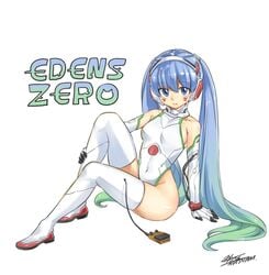 android ass blue_eyes blue_hair copyright_name edens_zero full_body green_hair hermit_mio hiro_mashima looking_at_viewer mashima_hiro robot robot_girl sideboob simple_background sitting thick_thighs thighhighs thighs twintails