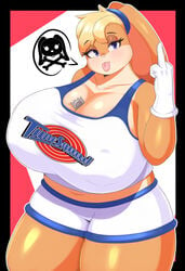 basketball_uniform bbw beige_fur beige_skin big_breasts blue_panties blue_uniform braffy bunny_ears bunny_girl condom female female_only fur furry gesture huge_breasts huge_thighs lola_bunny looney_tunes middle_finger no_humans overweight ponytail red_background rude_gesture skull_and_crossbones space_jam thick_thighs tunesquad voluptuous white_background white_gloves white_panties white_uniform