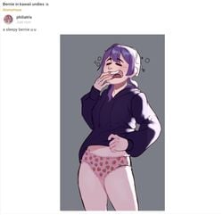 1girls ask_blog bernadetta_von_varley clothed clothing english_text female female_only fire_emblem fire_emblem:_three_houses human light-skinned_female light_skin nintendo pale_skin panties partially_clothed philiatrix post-timeskip purple_hair short_hair sleepy strawberry_panties sweater text waking_up yawning