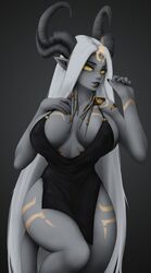 big_breasts black_dress cocktail_dress horns horns_and_hooves jewelry lightforged_draenei lightforged_draenei_priest long_hair lunaara_darkmoon warcraft world_of_warcraft