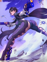 arched_back arimatang ass back_view bayonetta bayonetta_(character) bayonetta_2 beauty_mark black_hair bodysuit clothing cloud dual_wielding earrings elbow_gloves favorite firearm from_below glasses gun handgun holding_object holding_weapon jewelry looking_at_viewer looking_back necklace outside pinup pose sega short_hair skin_tight sky solo solo_focus spread_legs weapon white_gloves