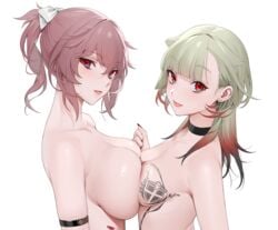 2girls :p armlet asymmetrical_docking azur_lane bare_arms bare_shoulders blonde_hair breast_press breasts choker cleavage collar collarbone duca_degli_abruzzi_(azur_lane) ear_piercing earrings giuseppe_garibaldi_(azur_lane) gradient_hair high_ponytail large_breasts long_hair looking_at_viewer medium_breasts multiple_girls nails nude nude_female ohisashiburi pale-skinned_female pale_skin pink_hair ponytail red_eyes short_hair sideboob tattoo tongue tongue_out upper_body