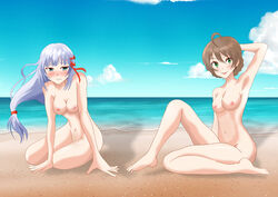 2girls absurdres beach blush breasts feet highres idolmaster idolmaster_million_live! multiple_girls navel nipples nude sakuramori_kaori shiraishi_tsumugi