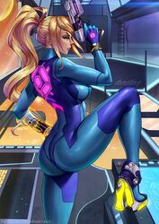 arimatang ass blonde_hair blue_eyes bodysuit female firearm footwear gun hand_on_hip handgun holding_object human indoors leg_up metroid nintendo pale_skin pinup ponytail pose rocket_heels samus_aran side_view skin_tight spacescape spaceship very_long_hair weapon wristwear zero_suit zero_suit_samus