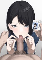 1boy bangs black_hair card censored eyebrows_visible_through_hair faceless_male fellatio female foreskin foreskin_play foreskin_pull from_above grey_eyes highres holding holding_card id_card intact kaminari_doon licking licking_penis looking_at_viewer male_pov male_pubic_hair mosaic_censoring oral oral_sex original partially_retracted_foreskin penis pov pov_crotch pubic_hair school_uniform short_hair small_penis small_penis_adoration solo_focus straight swept_bangs tongue tongue_in_foreskin tongue_out uncut